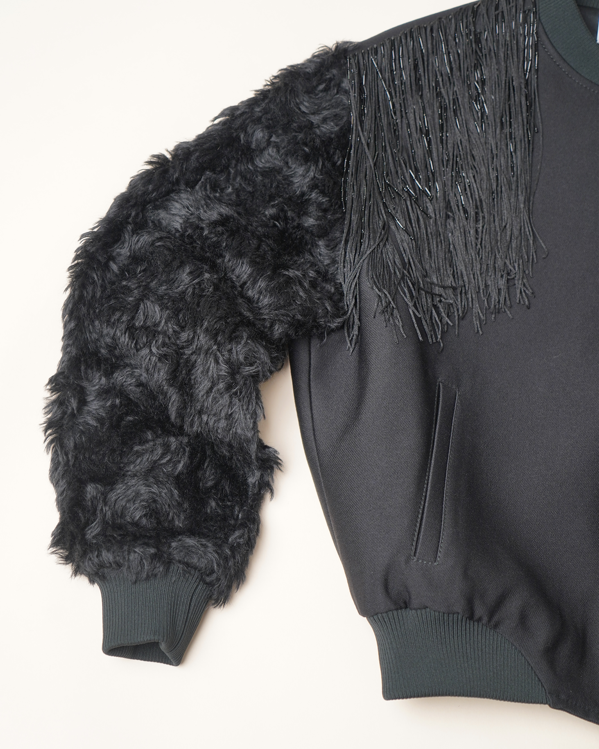 Walk of Shame Beaded & Chenille Fringe Faux Fur Sleeve Bomber Jacket