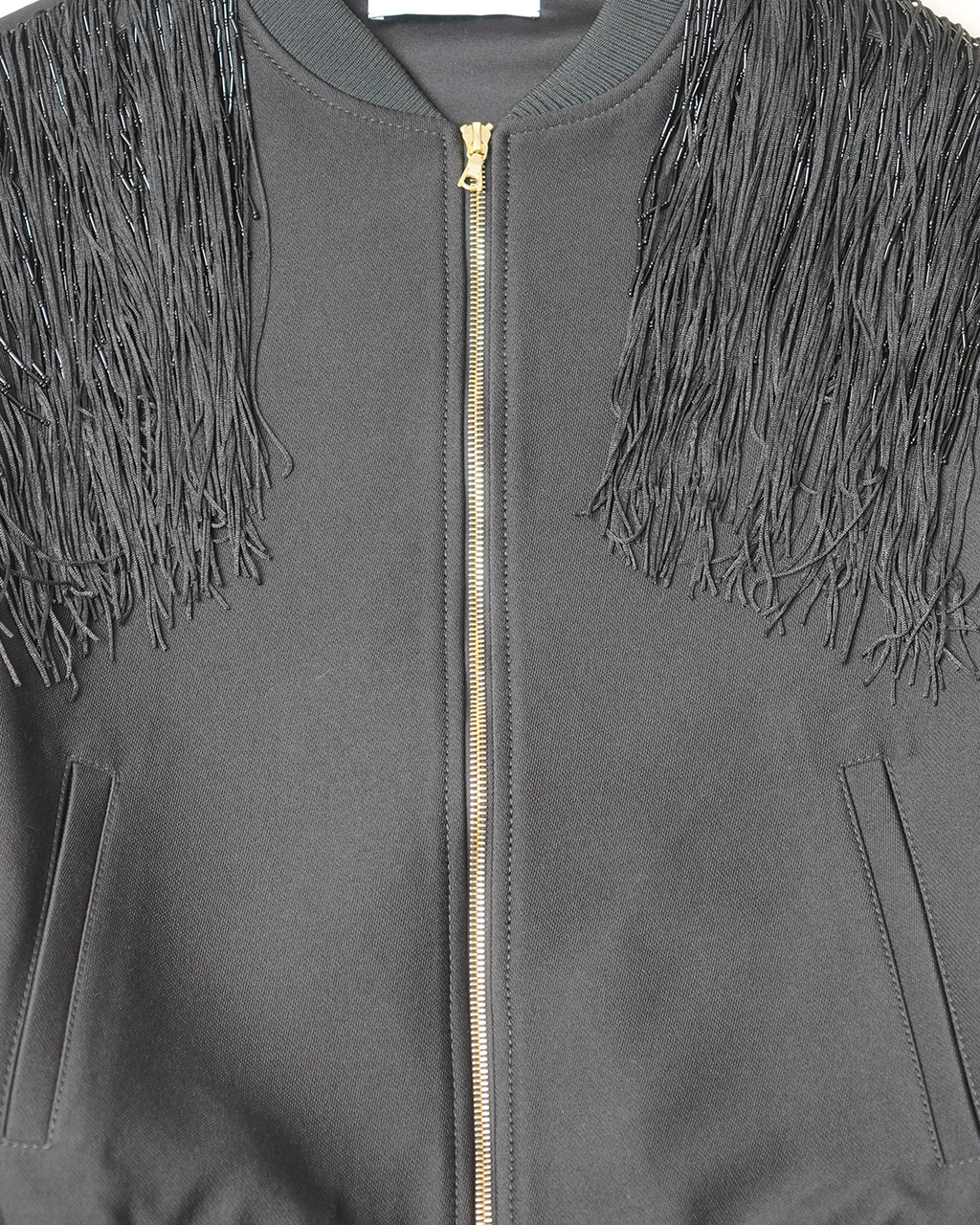 Walk of Shame Beaded & Chenille Fringe Faux Fur Sleeve Bomber Jacket