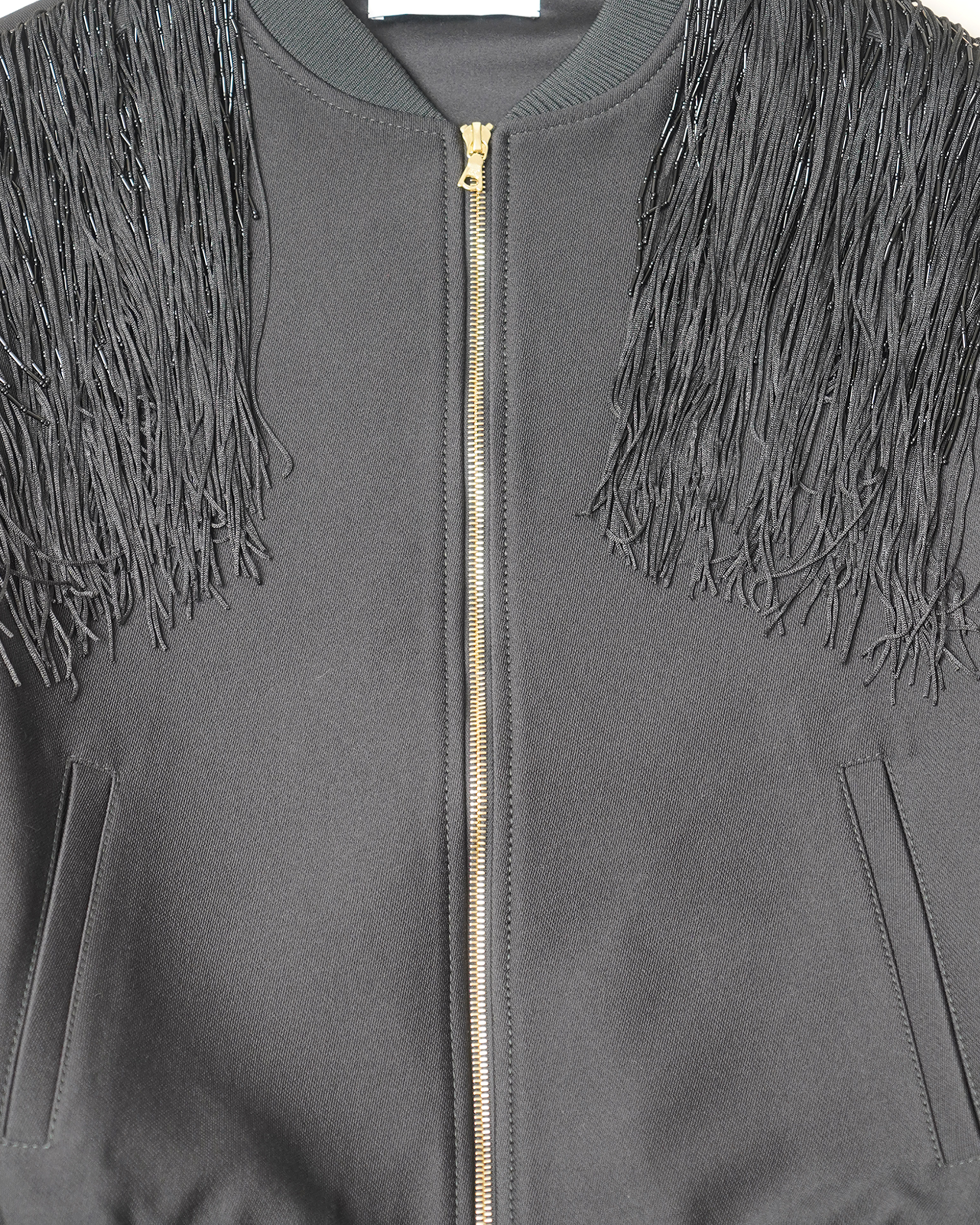Walk of Shame Beaded & Chenille Fringe Faux Fur Sleeve Bomber Jacket