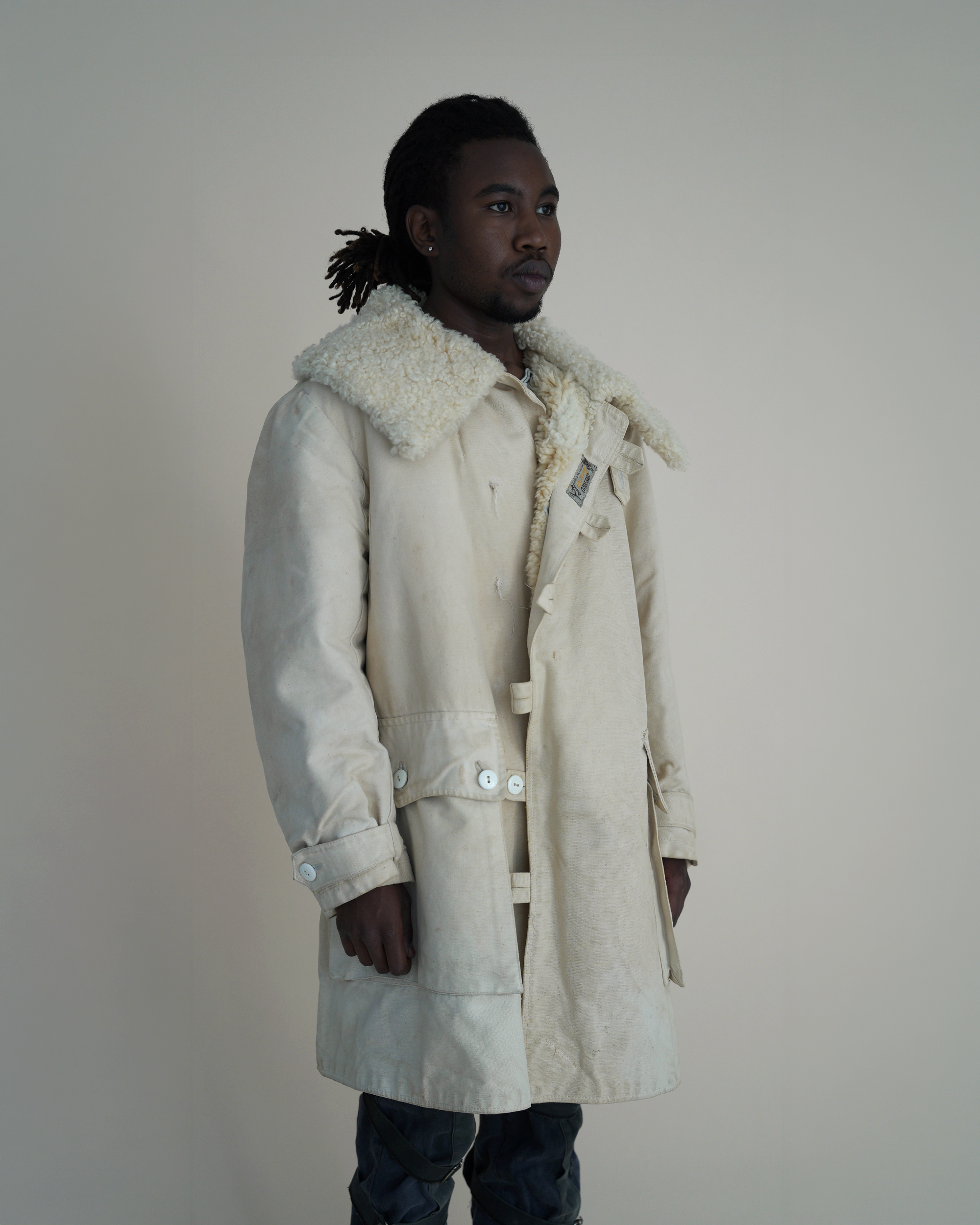 Vintage 1940s Örebro Swedish Military-Style “Livpäls” Canvas Sheepskin Parka