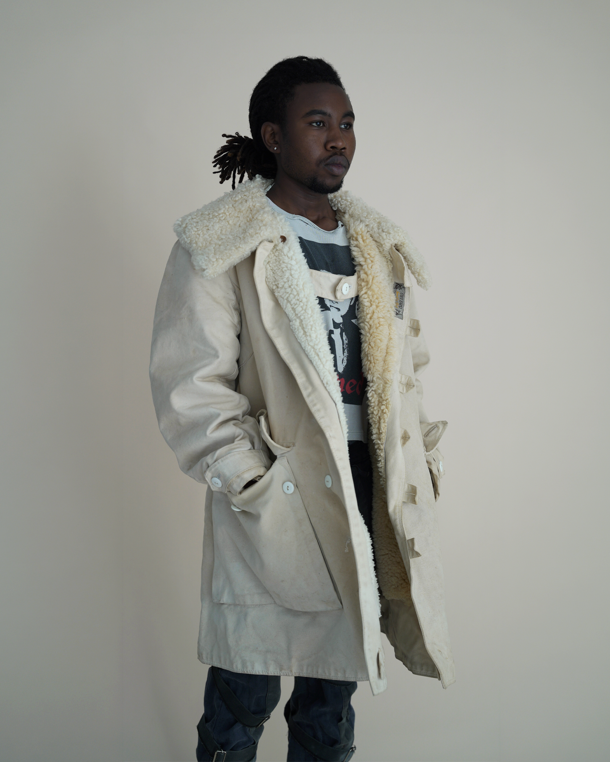 Vintage 1940s Örebro Swedish Military-Style “Livpäls” Canvas Sheepskin Parka