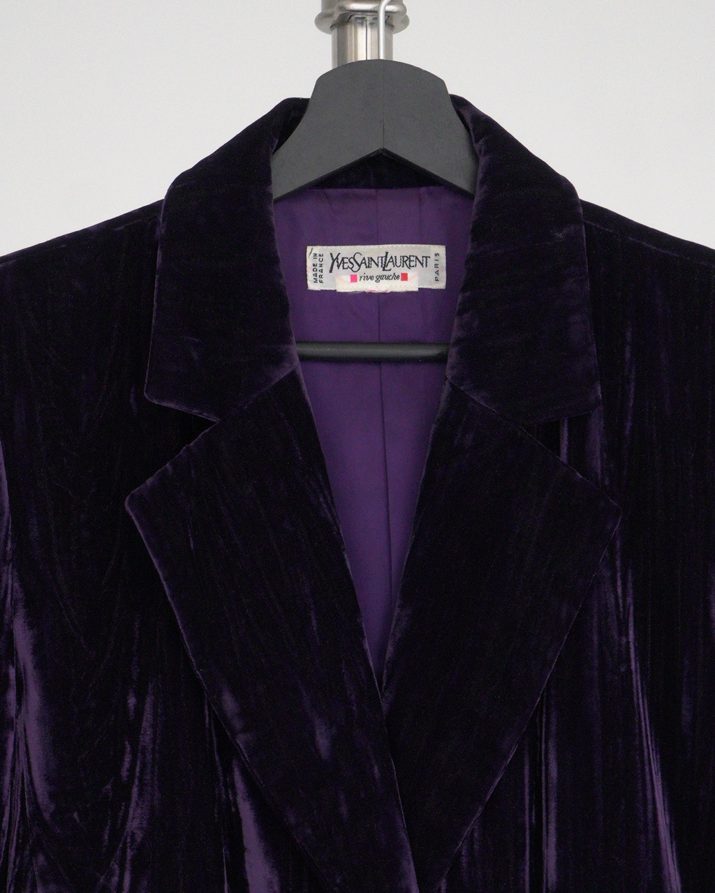 Yves Saint Laurent Rive Gauche purple crinkled/striated velvet skirt suit