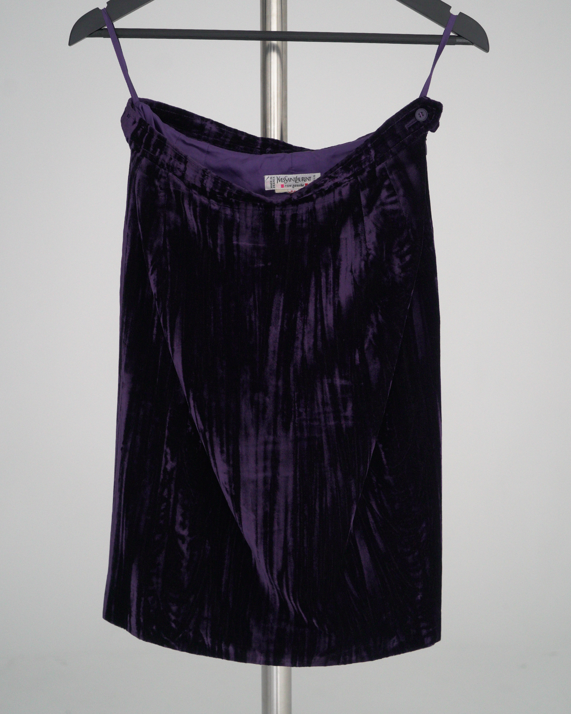 Yves Saint Laurent Rive Gauche purple crinkled/striated velvet skirt suit