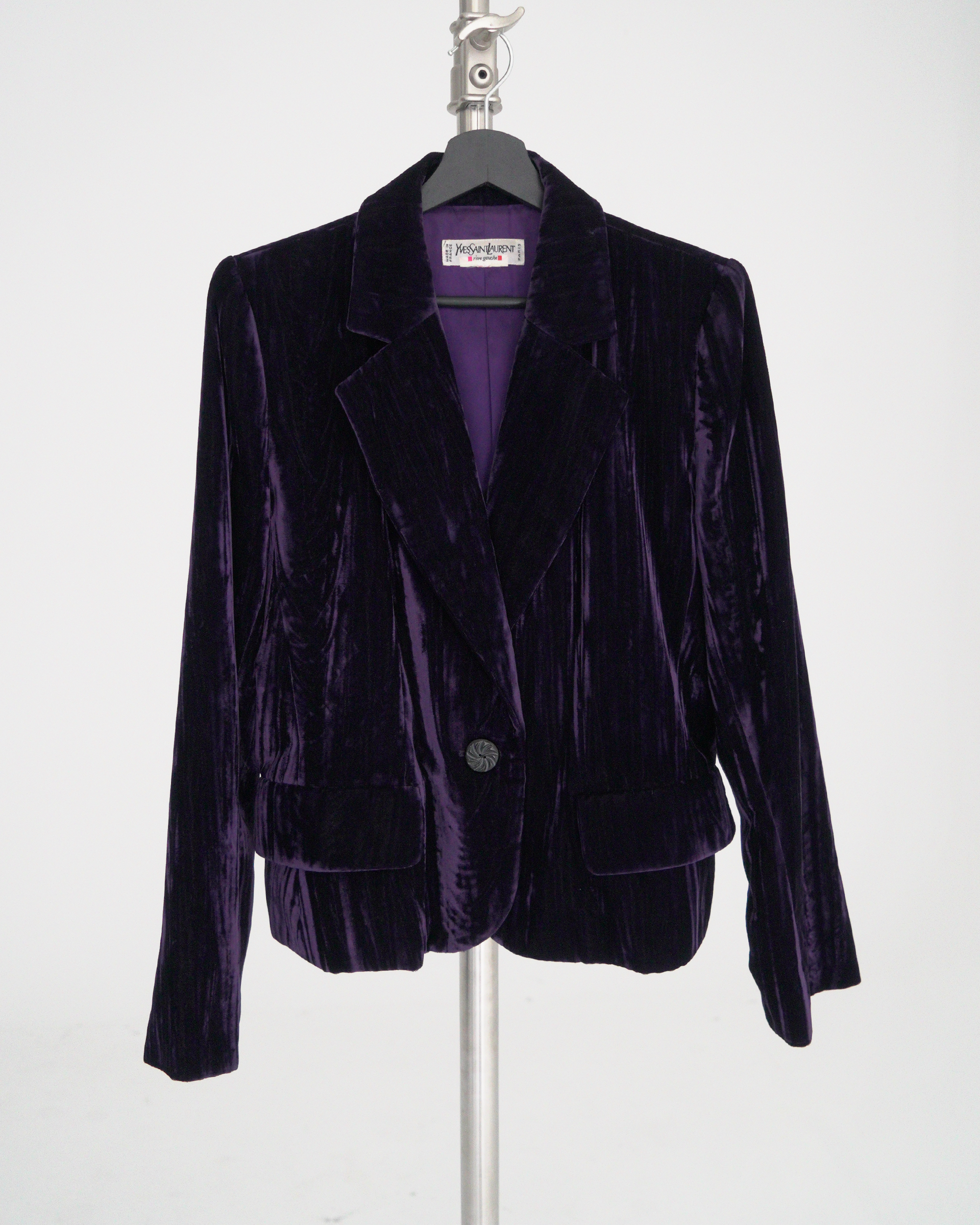 Yves Saint Laurent Rive Gauche purple crinkled/striated velvet skirt suit